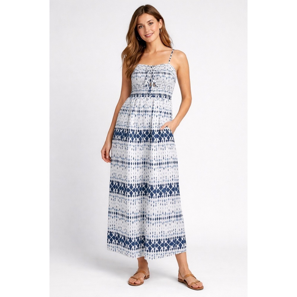 Universal Thread Blue White Ikat Smocked Maxi Dress Cotton Sleeveless Size M
